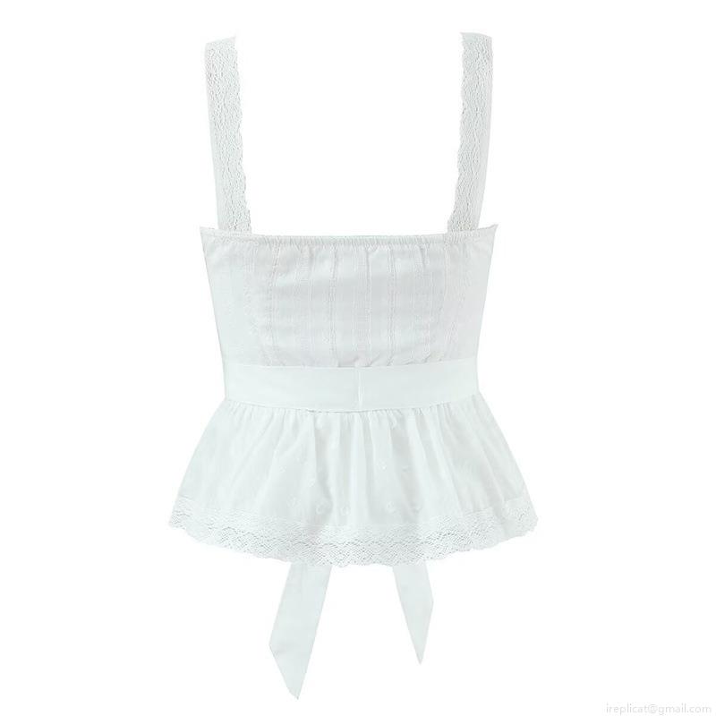 Women\'s Sweet White 100% Cotton 2-Piece Set Lace Trim Camisole And Tiered Pleated Mini Skirt Outfits For Vacation Party Streetwear