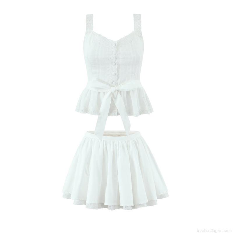 Women\'s Sweet White 100% Cotton 2-Piece Set Lace Trim Camisole And Tiered Pleated Mini Skirt Outfits For Vacation Party Streetwear