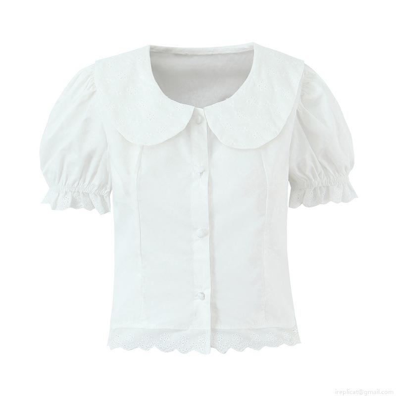 Women Sweet Two Piece Skirt Set 100 Percent Cotton Peter Pan Collar Puff Sleeve Shirt And Mini Pleated Skirt Lace Patchwork White Summer Outfit For Ladies