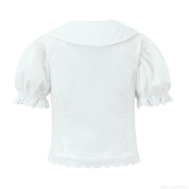 Women Sweet Two Piece Skirt Set 100 Percent Cotton Peter Pan Collar Puff Sleeve Shirt And Mini Pleated Skirt Lace Patchwork White Summer Outfit For Ladies