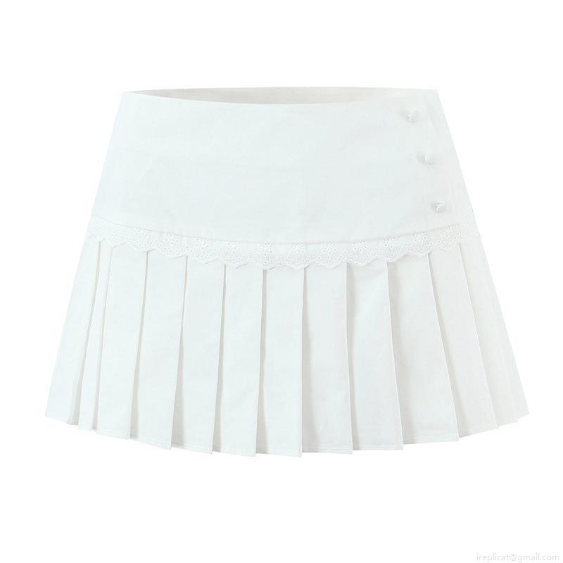 Women Sweet Two Piece Skirt Set 100 Percent Cotton Peter Pan Collar Puff Sleeve Shirt And Mini Pleated Skirt Lace Patchwork White Summer Outfit For Ladies