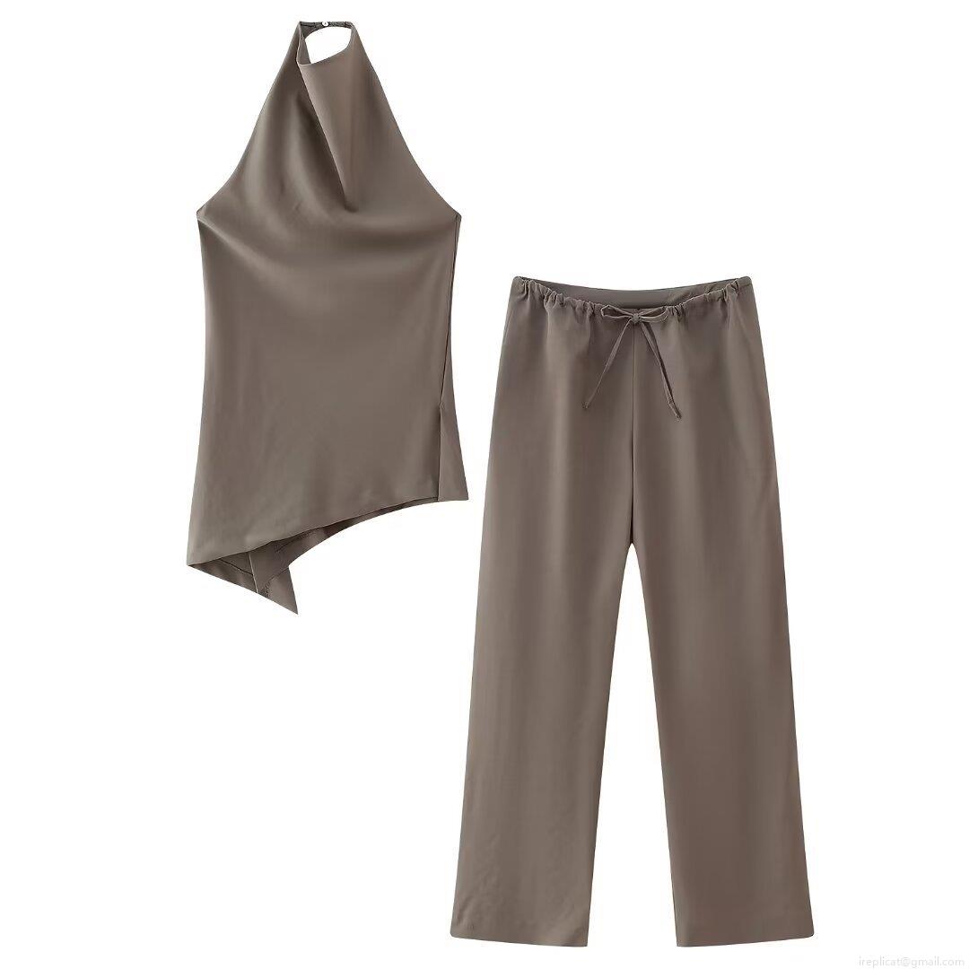 Women Halter Neck Asymmetrical Hem Sleeveless Top And High Waist Drawstring Wide Leg Pants Two Piece Set Solid Color Streetwear Casual Fashion Outfit