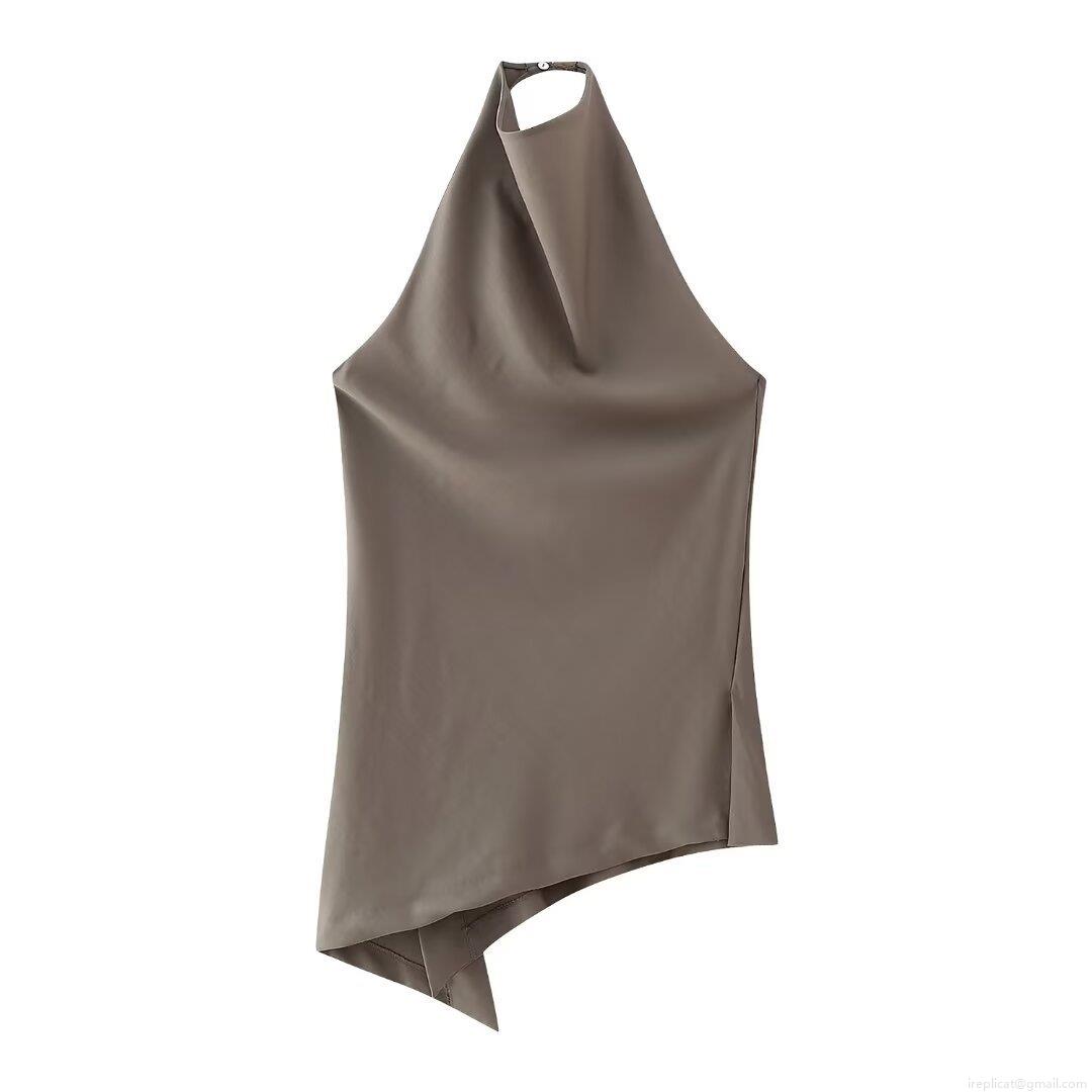 Women Halter Neck Asymmetrical Hem Sleeveless Top And High Waist Drawstring Wide Leg Pants Two Piece Set Solid Color Streetwear Casual Fashion Outfit