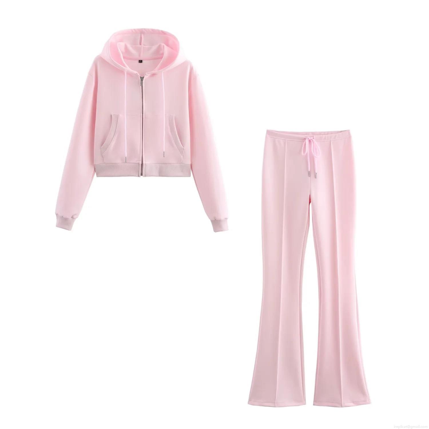 Women's Two-Piece Set Cropped Zip Up Hoodie And High Waist Flare Pants Sweatpants Casual Streetwear Cotton Blend Solid Color Outfits Women's Two-Piece Set Cropped Zip Up Hoodie And High Waist Flare Pants Sweatpants Casual Streetwear Cotton Blend Solid Color Outfits
