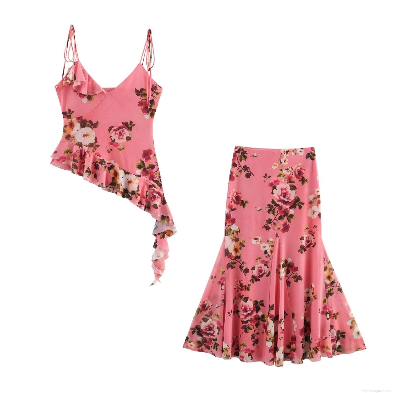 Women's Sweet Floral Print Mesh Cami Top and Mermaid Midi Skirt Set Asymmetric Ruffle Hem Summer Vacation Elegant Two Piece Outfit