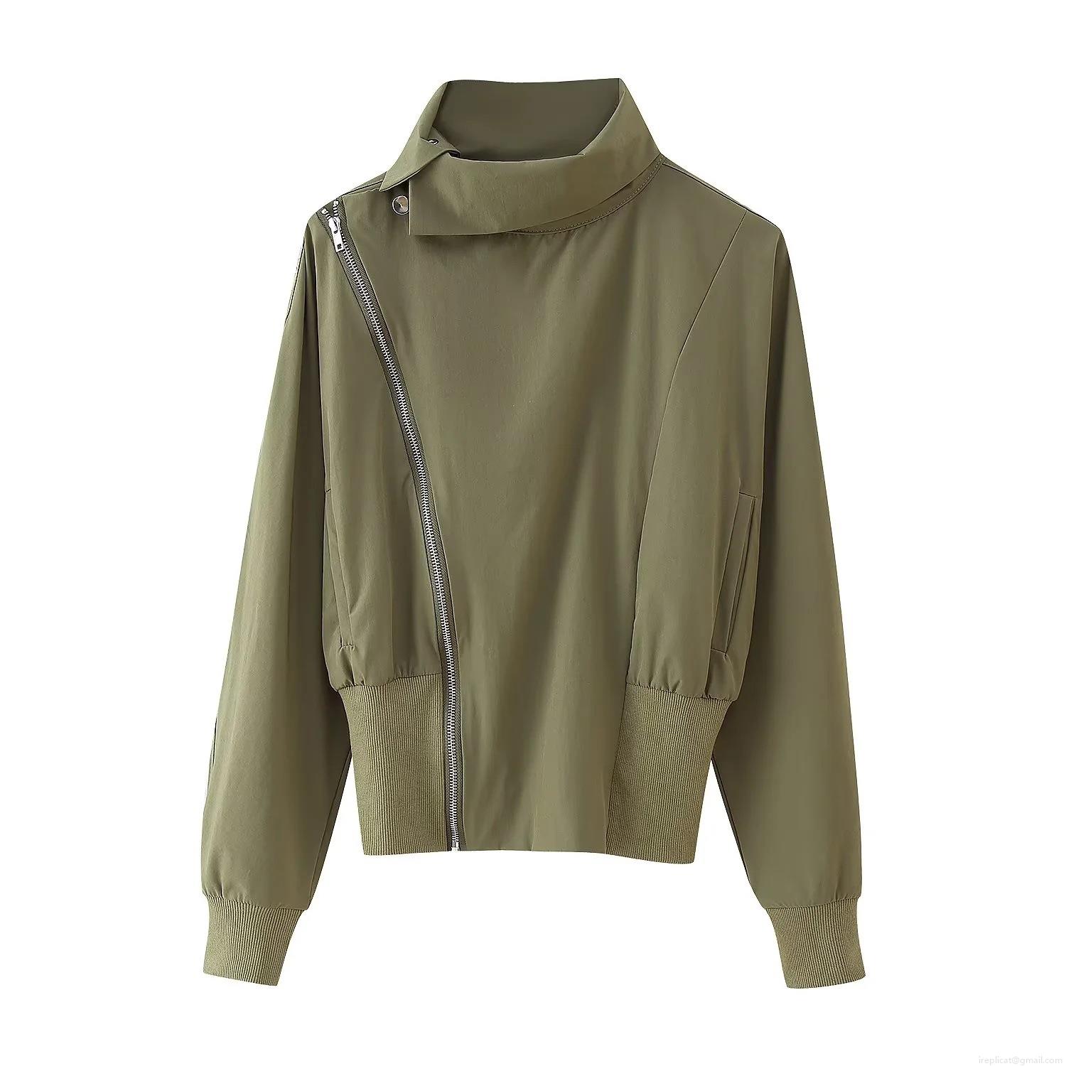 Women\'s Casual Two Piece Cargo Set Stand Collar Asymmetrical Zipper Short Jacket and High Waist Wide Leg Pocket Pants Streetwear Utility Outfits