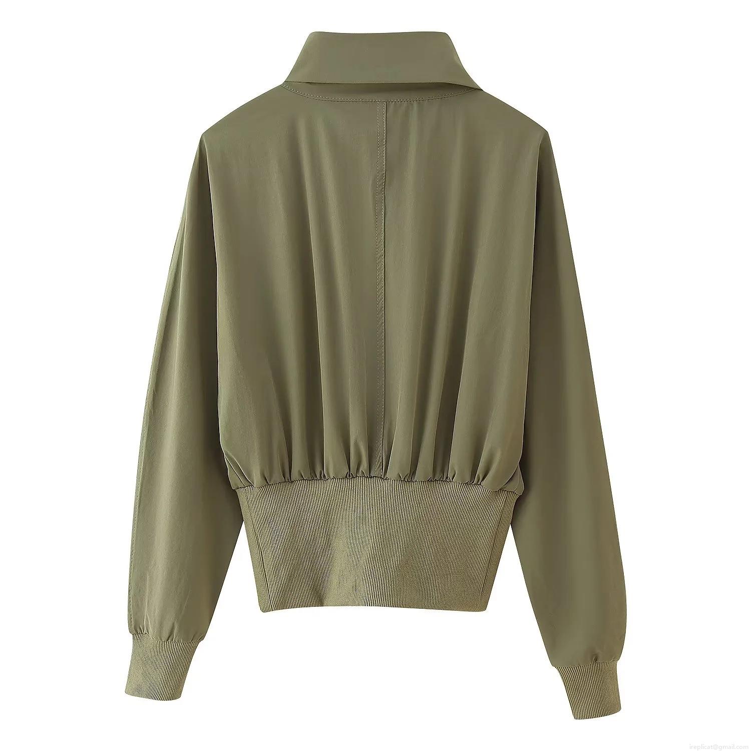 Women\'s Casual Two Piece Cargo Set Stand Collar Asymmetrical Zipper Short Jacket and High Waist Wide Leg Pocket Pants Streetwear Utility Outfits