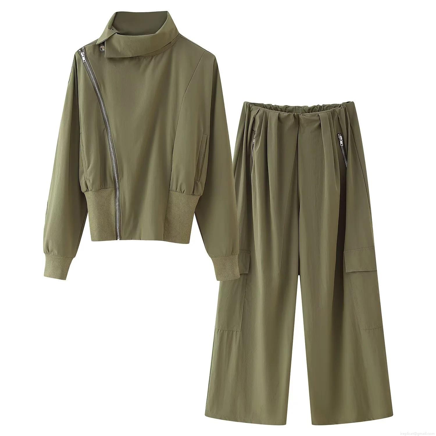Women\'s Casual Two Piece Cargo Set Stand Collar Asymmetrical Zipper Short Jacket and High Waist Wide Leg Pocket Pants Streetwear Utility Outfits