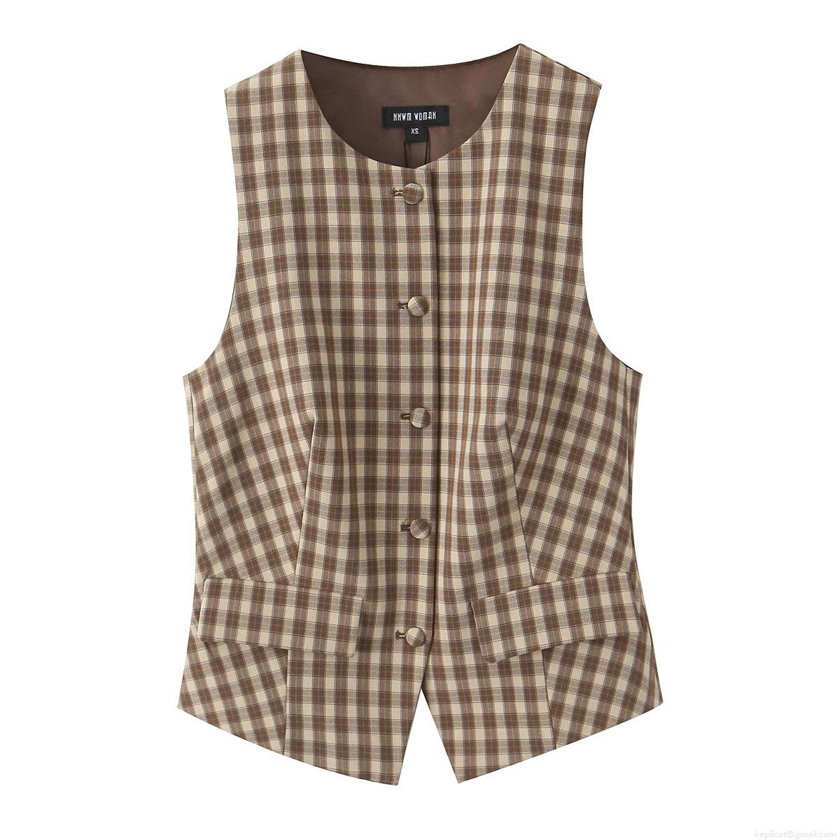 Women\'s Retro Plaid Sleeveless Vest and Pleated Skort Two Piece Set Cotton Blend Preppy Style Brown Checkered Outfit for Women Daily Wear