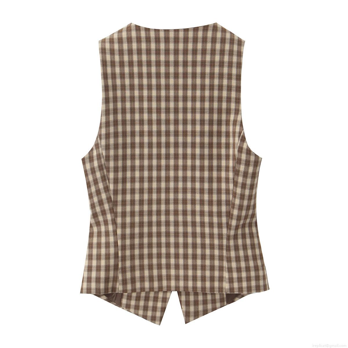 Women\'s Retro Plaid Sleeveless Vest and Pleated Skort Two Piece Set Cotton Blend Preppy Style Brown Checkered Outfit for Women Daily Wear