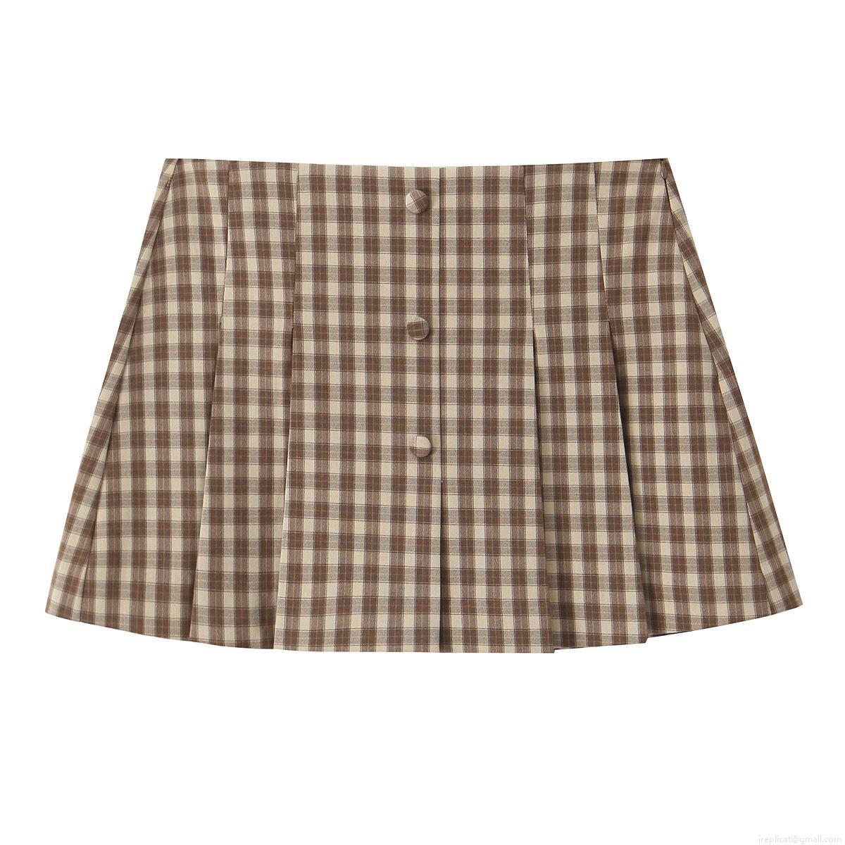 Women\'s Retro Plaid Sleeveless Vest and Pleated Skort Two Piece Set Cotton Blend Preppy Style Brown Checkered Outfit for Women Daily Wear