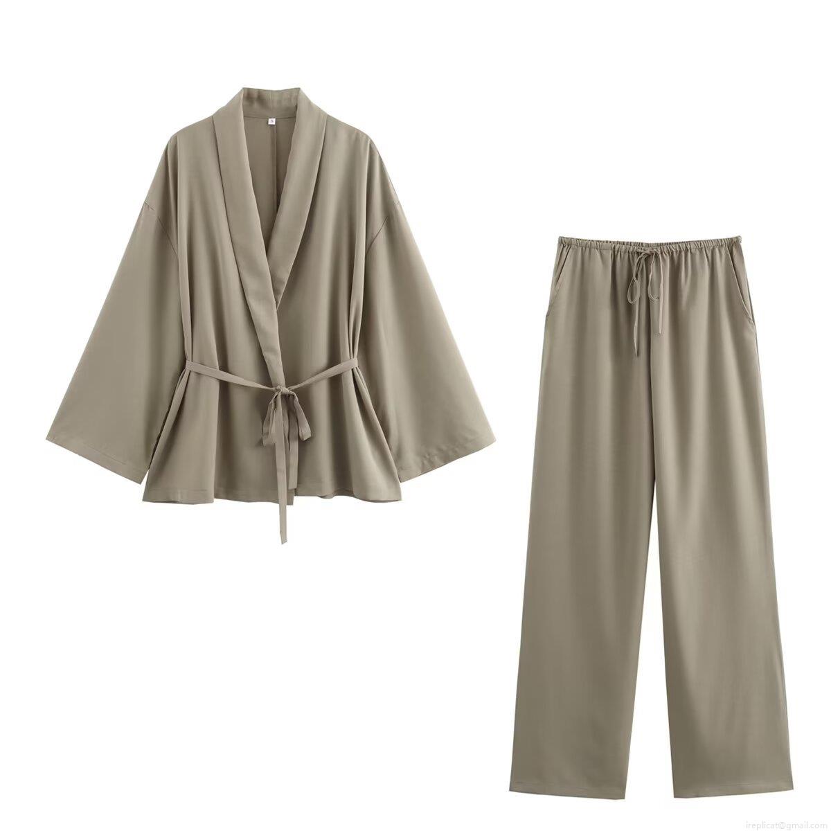 Women's Casual 2 Piece Set Kimono Wrap Tie Front Top and Wide Leg Pants Lounge Set 100% Polyester Woven Breathable Streetwear Tracksuit for Women