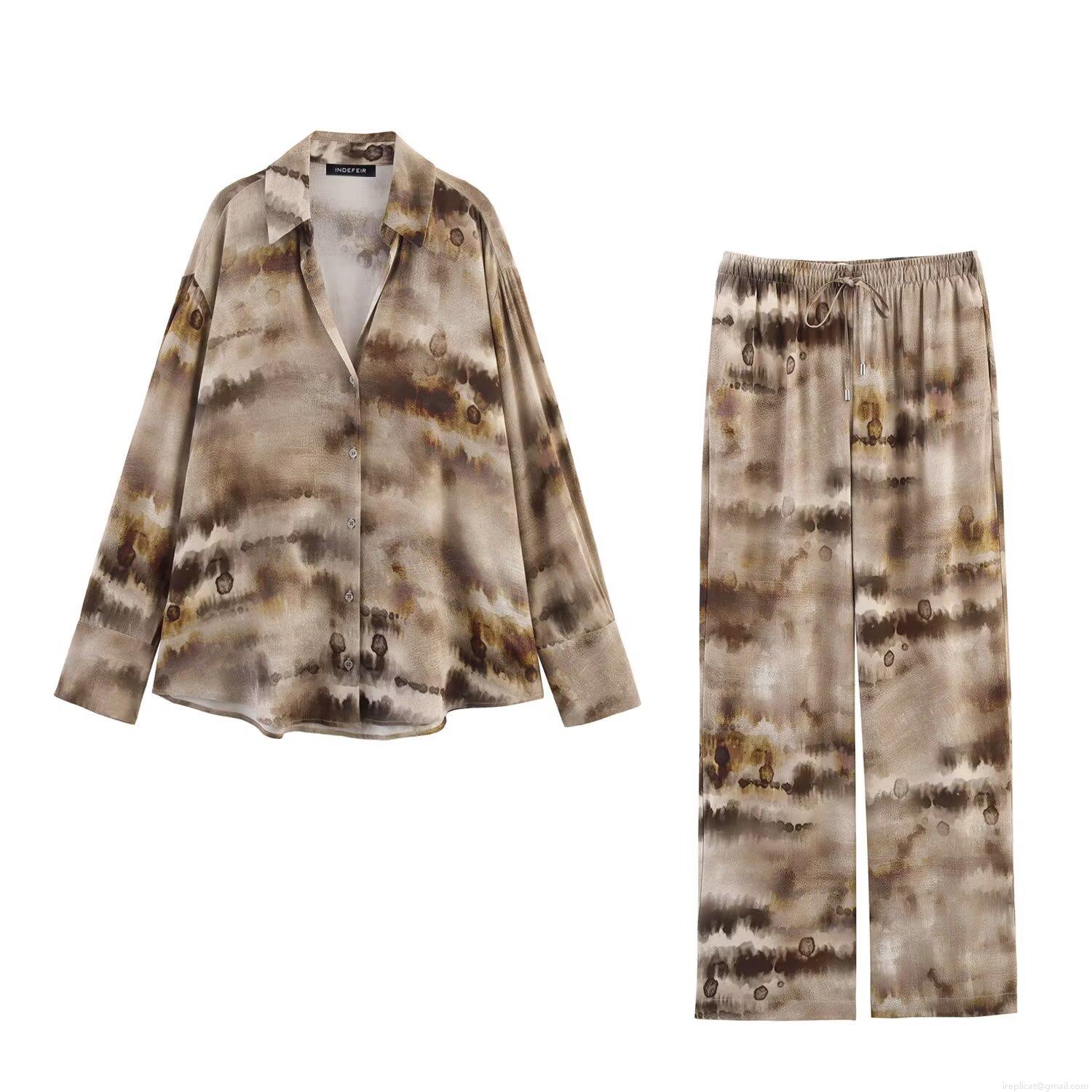 Women's Casual Tie-Dye Shirt and Pants Set Long Sleeve Button Down Blouse and Wide Leg Drawstring Trousers Streetwear Earth Tone Satin Finish Two-Piece Outfit Women's Casual Tie-Dye Shirt and Pants Set Long Sleeve Button Down Blouse and Wide Leg Drawstring Trousers Streetwear Earth Tone Satin Finish Two-Piece Outfit