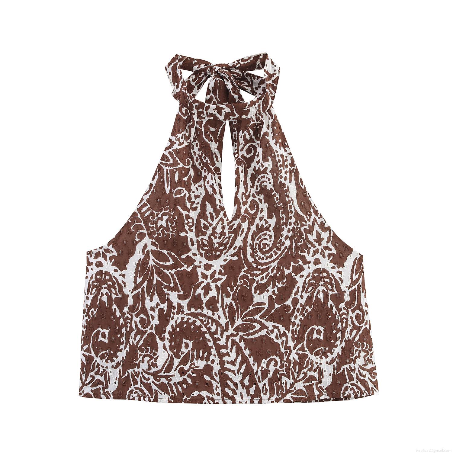 Women Bohemian Paisley Eyelet Embroidery Two Piece Set Halter Neck Crop Top And A-Line Midi Skirt With Wood Belt Buckle Summer Vacation Beach Outfit