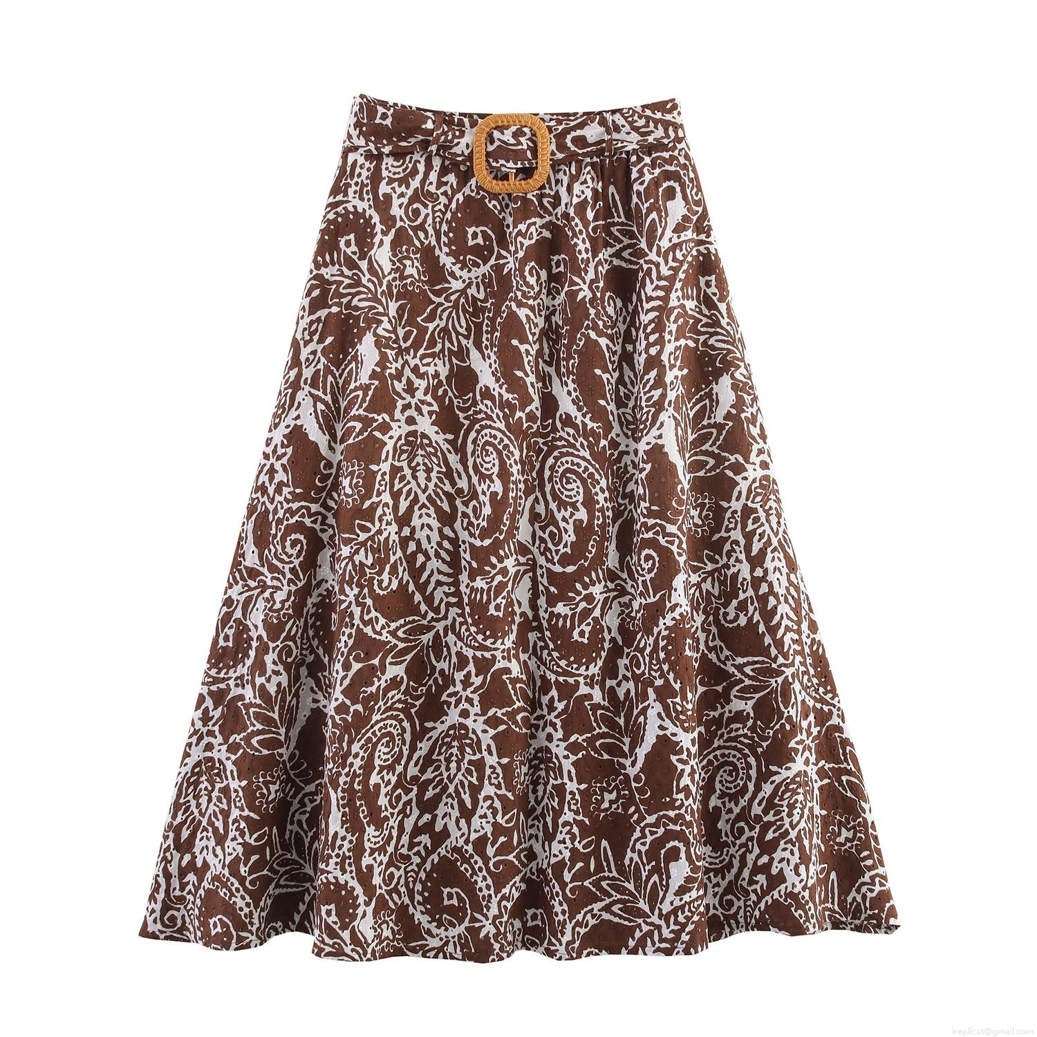 Women Bohemian Paisley Eyelet Embroidery Two Piece Set Halter Neck Crop Top And A-Line Midi Skirt With Wood Belt Buckle Summer Vacation Beach Outfit