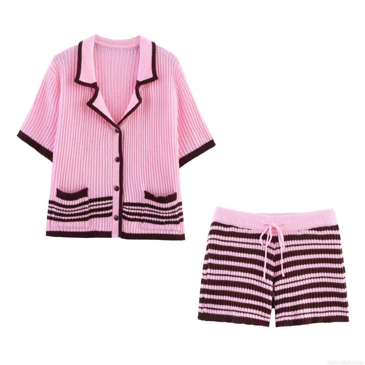 Women's Knitted Two Piece Set Pink Striped V Neck Polo Cardigan Short Sleeve Button Down Top And High Waist Drawstring Shorts Casual Loungewear Suit Women's Knitted Two Piece Set Pink Striped V Neck Polo Cardigan Short Sleeve Button Down Top And High Waist Drawstring Shorts Casual Loungewear Suit