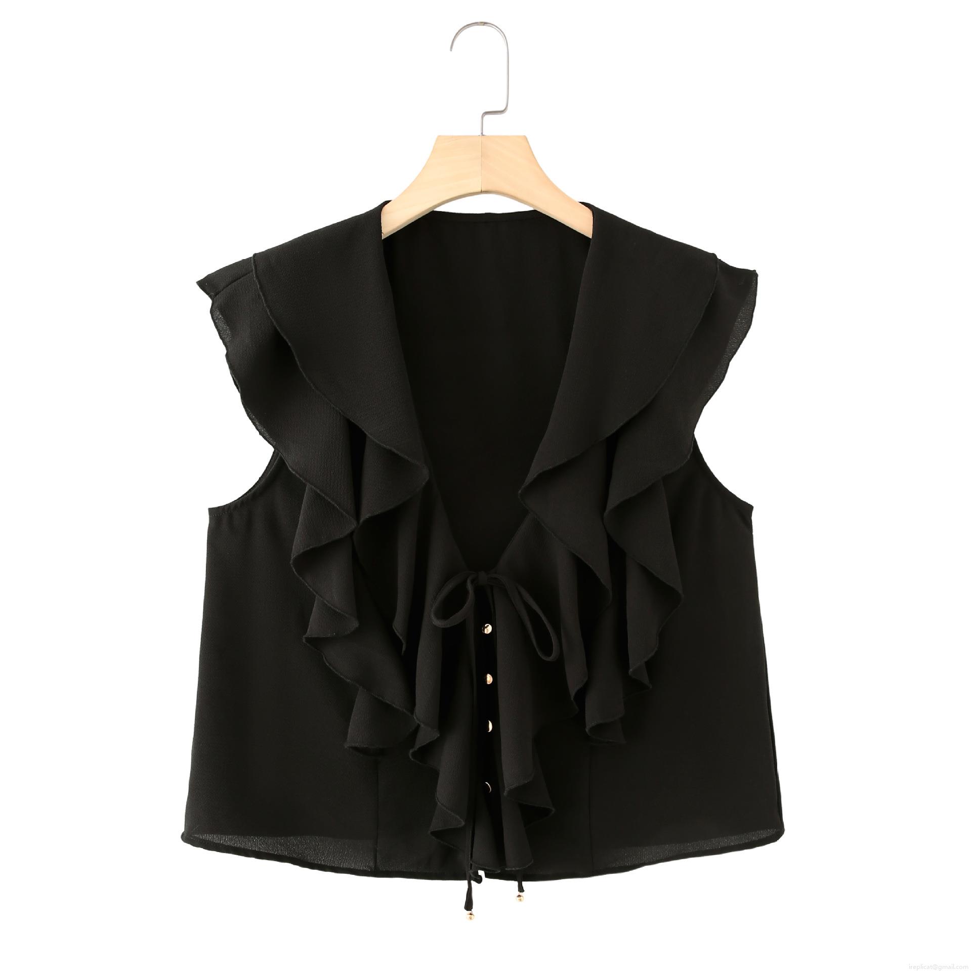 Women\'s Casual 2 Piece Set Layered Ruffle Sleeveless V Neck Shirt With Matching Ruffled Skort Solid Black Elegant Summer Outfit Streetwear Polyester Clothing