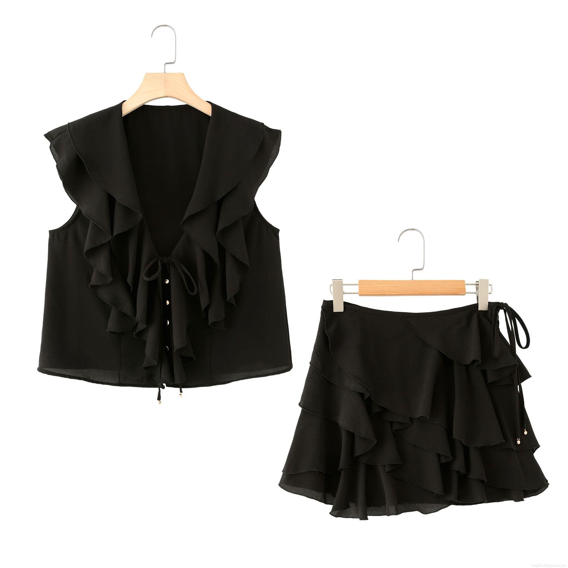 Women\'s Casual 2 Piece Set Layered Ruffle Sleeveless V Neck Shirt With Matching Ruffled Skort Solid Black Elegant Summer Outfit Streetwear Polyester Clothing
