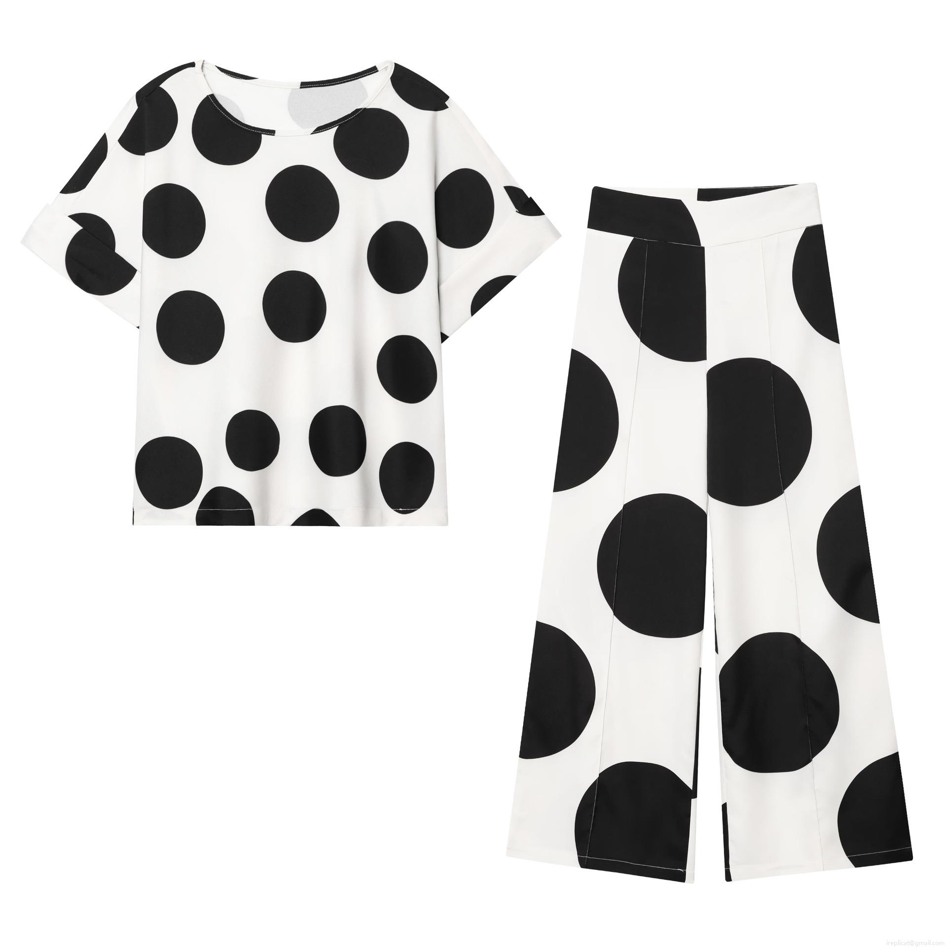 Women's Two Piece Polka Dot Print Set Casual Short Sleeve Round Neck Top And High Waist Wide Leg Pants Loose Lounge Wear Outfit Streetwear Women's Two Piece Polka Dot Print Set Casual Short Sleeve Round Neck Top And High Waist Wide Leg Pants Loose Lounge Wear Outfit Streetwear