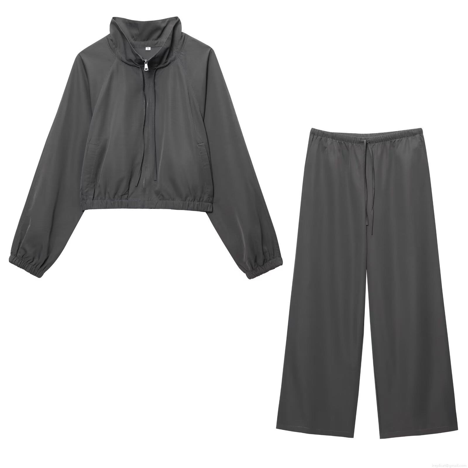Women's Casual 2 Piece Outfits Sets Dark Grey Polyester Blend Stand Collar Zip Up Short Jacket and High Waist Wide Leg Drawstring Pants Sporty Streetwear Tracksuit for Women Women's Casual 2 Piece Outfits Sets Dark Grey Polyester Blend Stand Collar Zip Up Short Jacket and High Waist Wide Leg Drawstring Pants Sporty Streetwear Tracksuit for Women