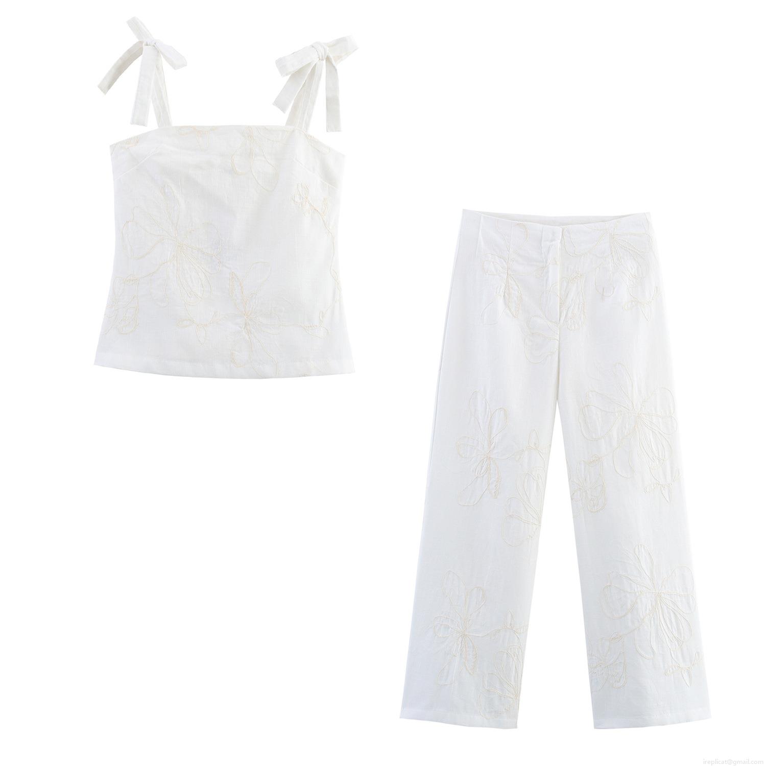 Women's Cotton Blend Two-Piece Set Floral Embroidery Camisole Top And Wide Leg Pants Casual Summer Vacation Streetwear Outfit White