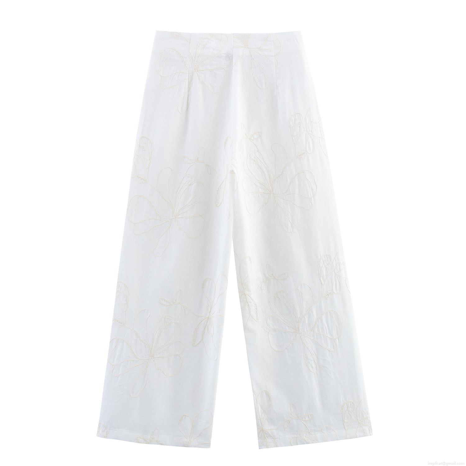 Women\'s Cotton Blend Two-Piece Set Floral Embroidery Camisole Top And Wide Leg Pants Casual Summer Vacation Streetwear Outfit White