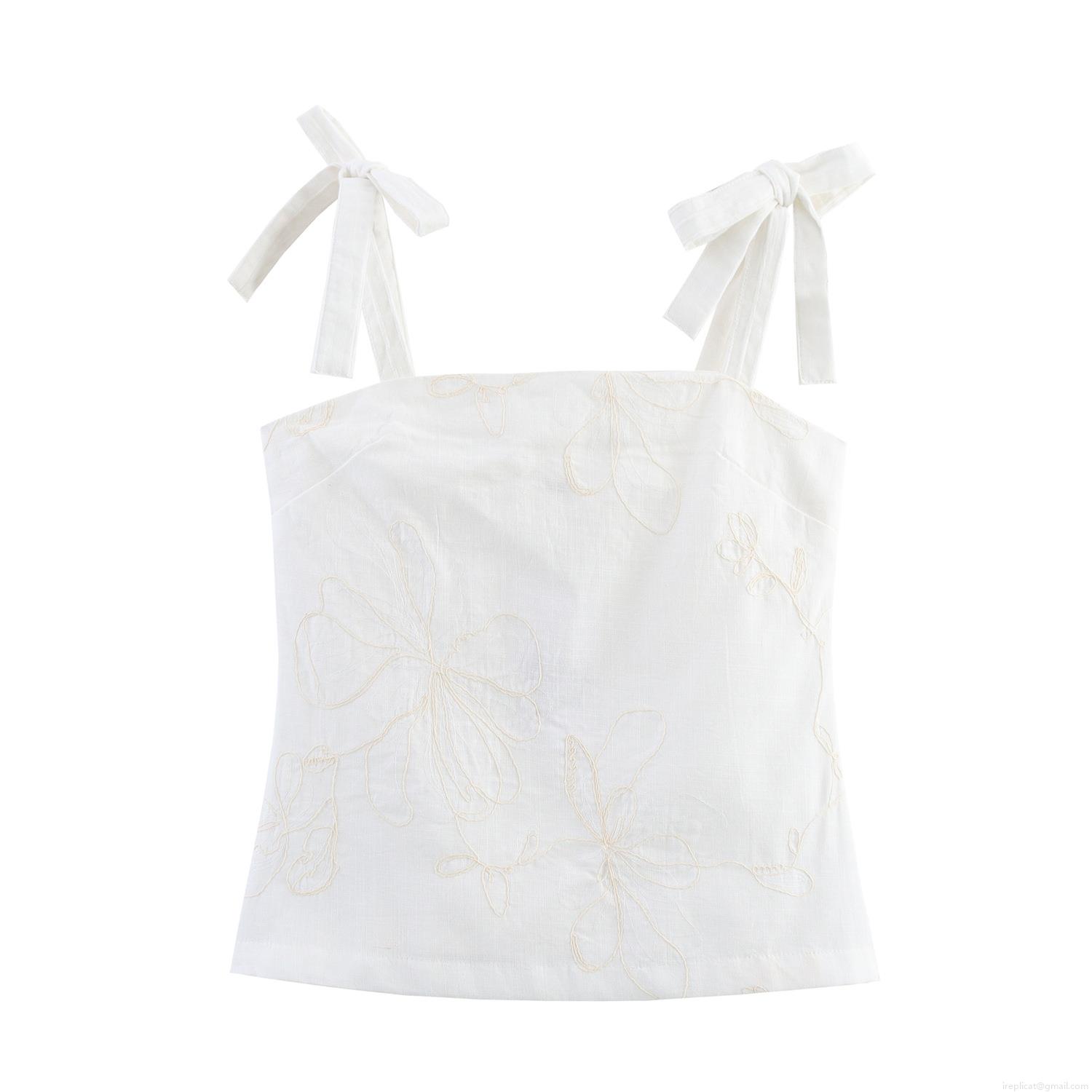 Women\'s Cotton Blend Two-Piece Set Floral Embroidery Camisole Top And Wide Leg Pants Casual Summer Vacation Streetwear Outfit White