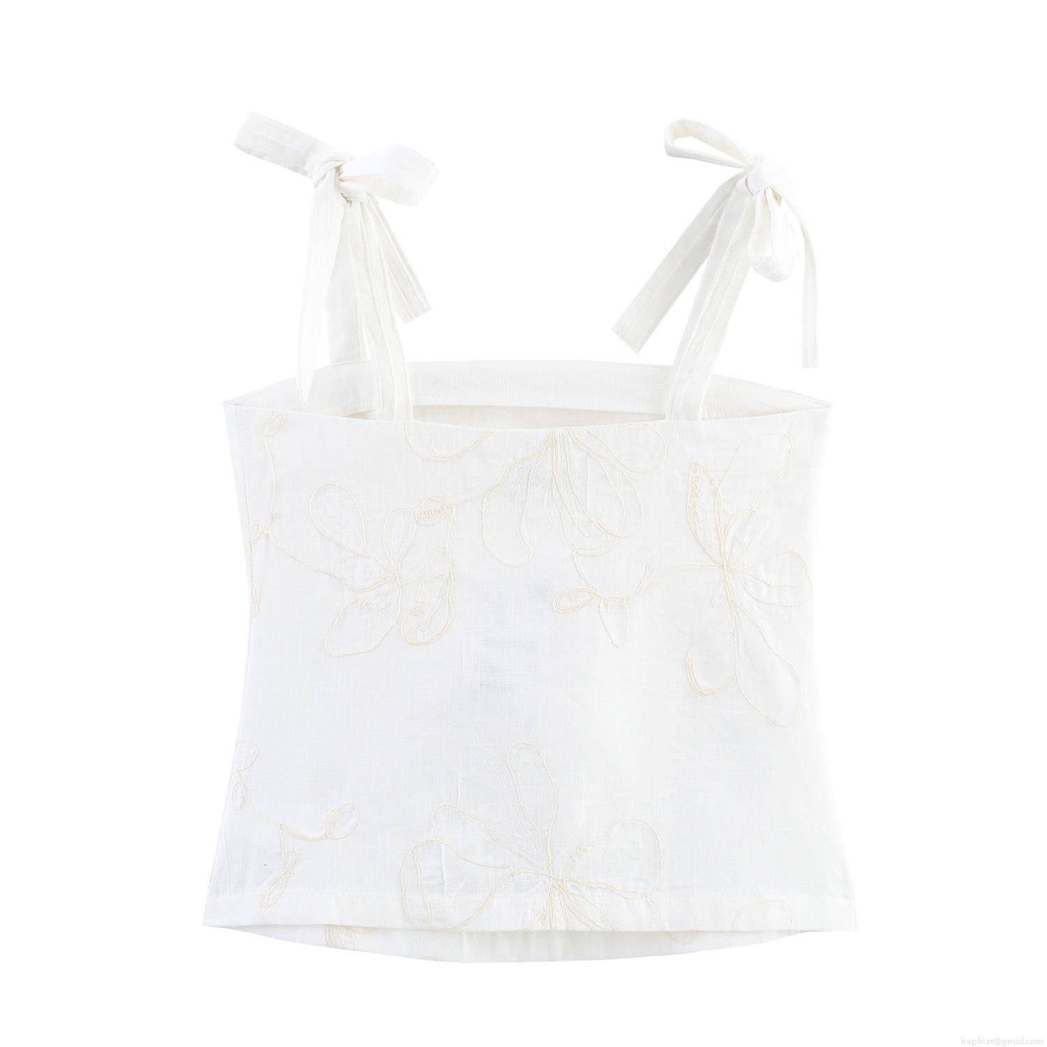 Women\'s Cotton Blend Two-Piece Set Floral Embroidery Camisole Top And Wide Leg Pants Casual Summer Vacation Streetwear Outfit White