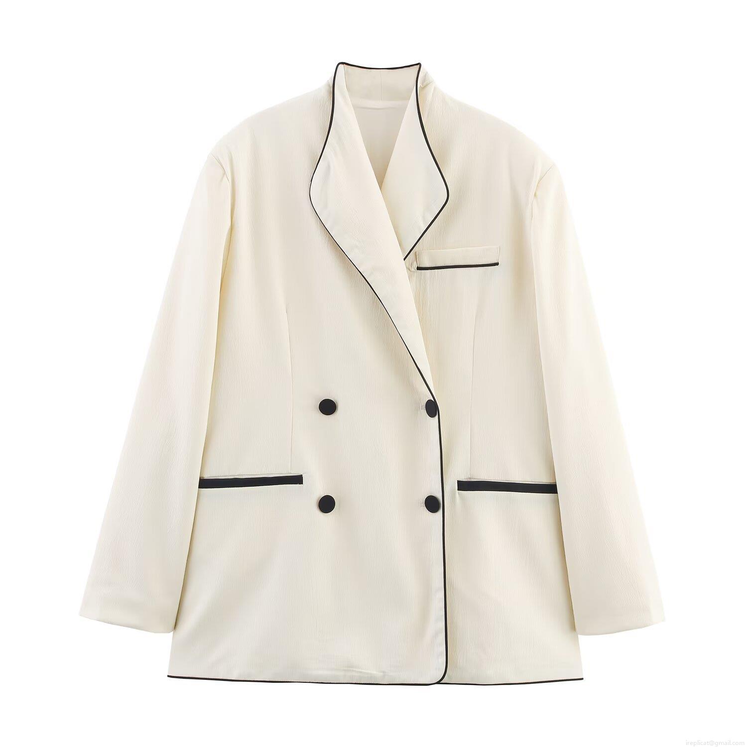 Women\'s Elegant Polyester Contrast Piping Two-Piece Suit Set Double Breasted Blazer and High Waist Straight Leg Pants Office Workwear Outfit