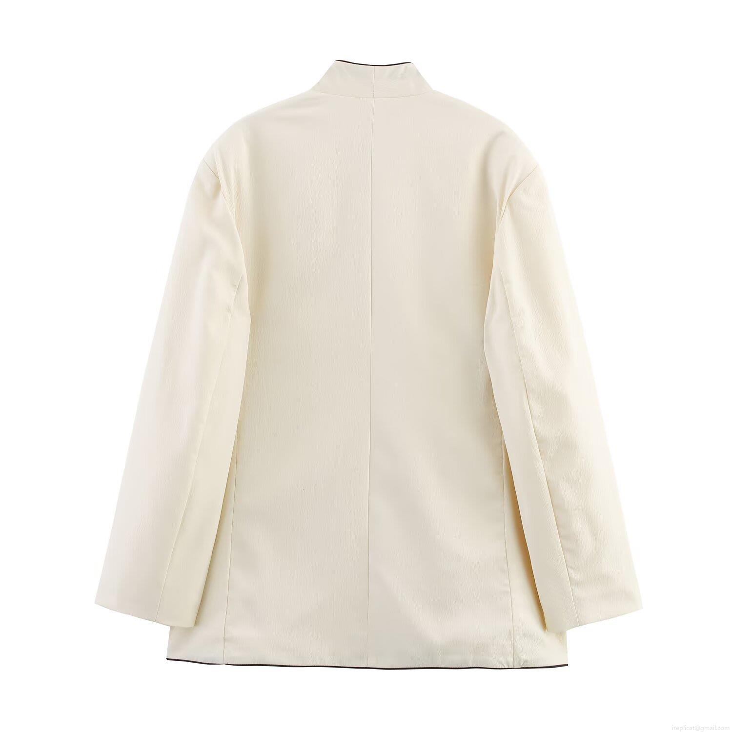 Women\'s Elegant Polyester Contrast Piping Two-Piece Suit Set Double Breasted Blazer and High Waist Straight Leg Pants Office Workwear Outfit