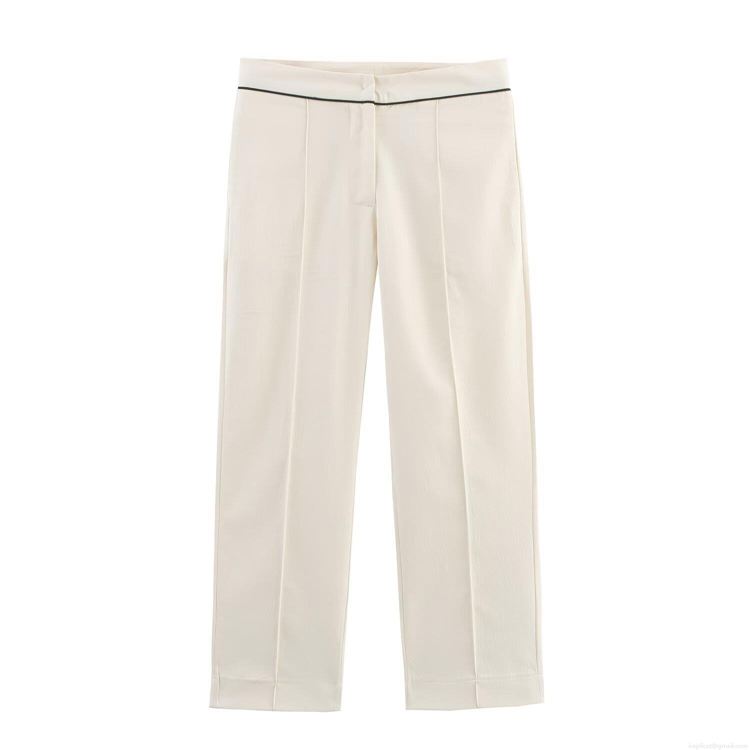 Women\'s Elegant Polyester Contrast Piping Two-Piece Suit Set Double Breasted Blazer and High Waist Straight Leg Pants Office Workwear Outfit