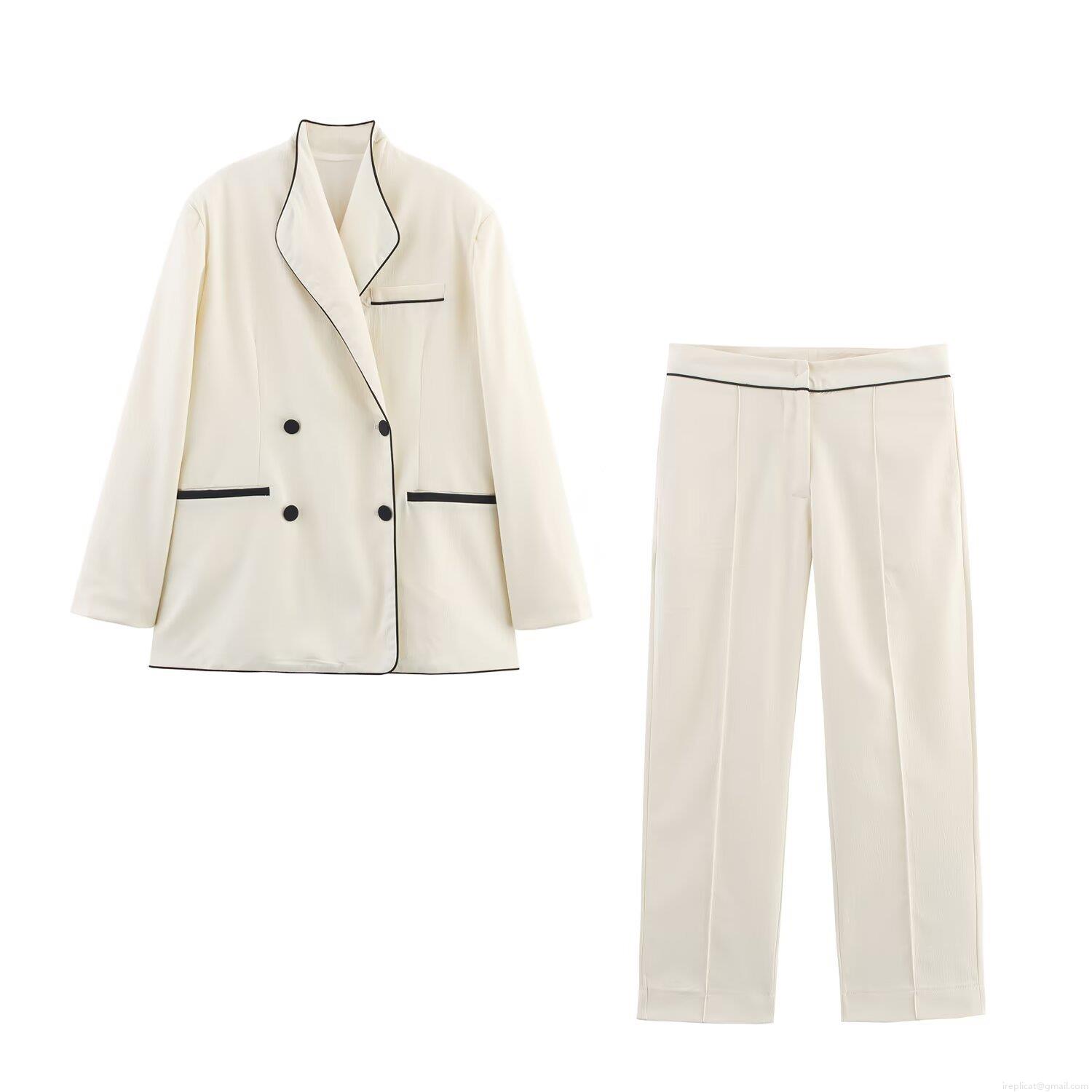 Women\'s Elegant Polyester Contrast Piping Two-Piece Suit Set Double Breasted Blazer and High Waist Straight Leg Pants Office Workwear Outfit
