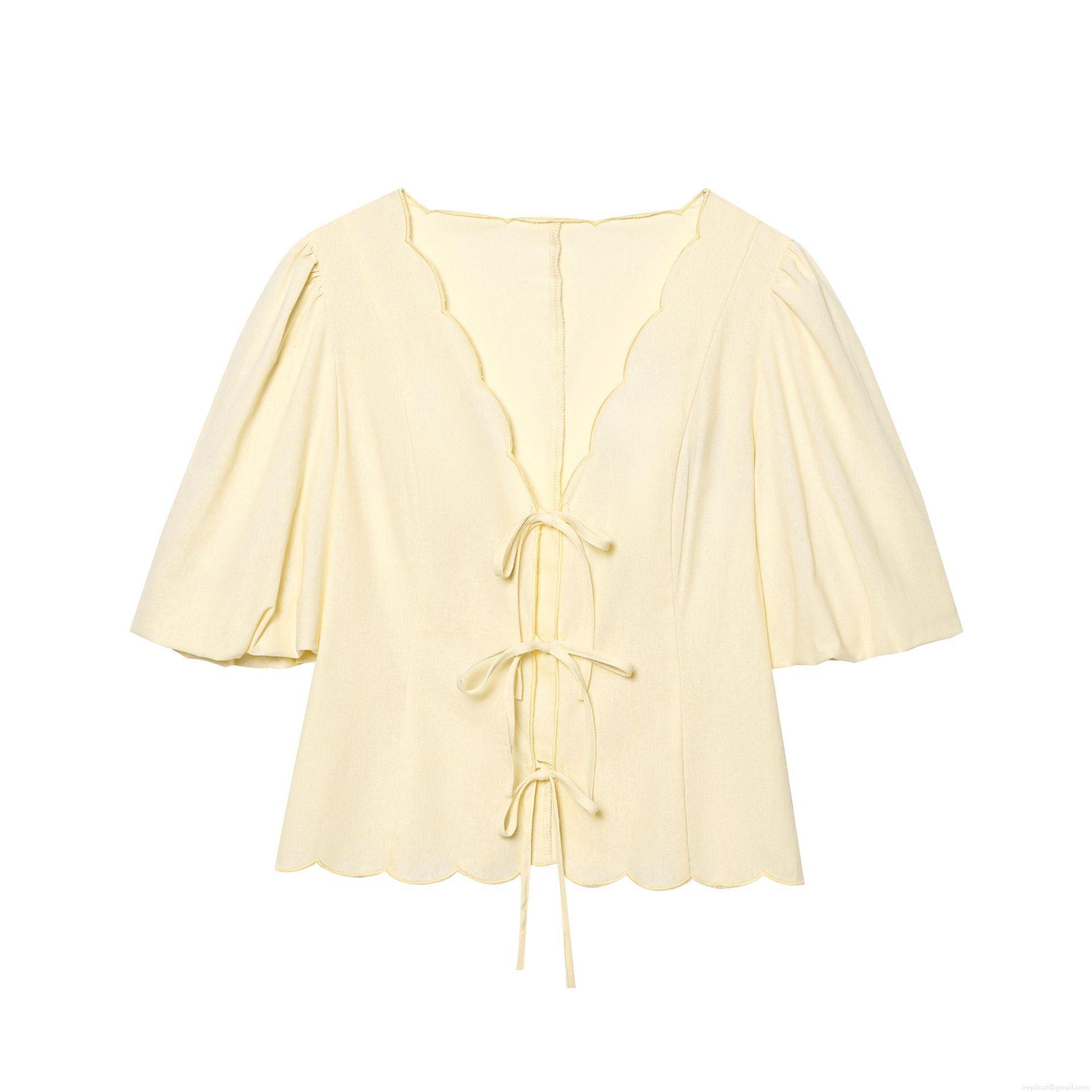 Women\'s French Retro Two Piece Set Light Yellow Scalloped Trim Puff Sleeve V Neck Lace Up Shirt And Wide Leg Drawstring Pants Summer Casual Vacation Outfit