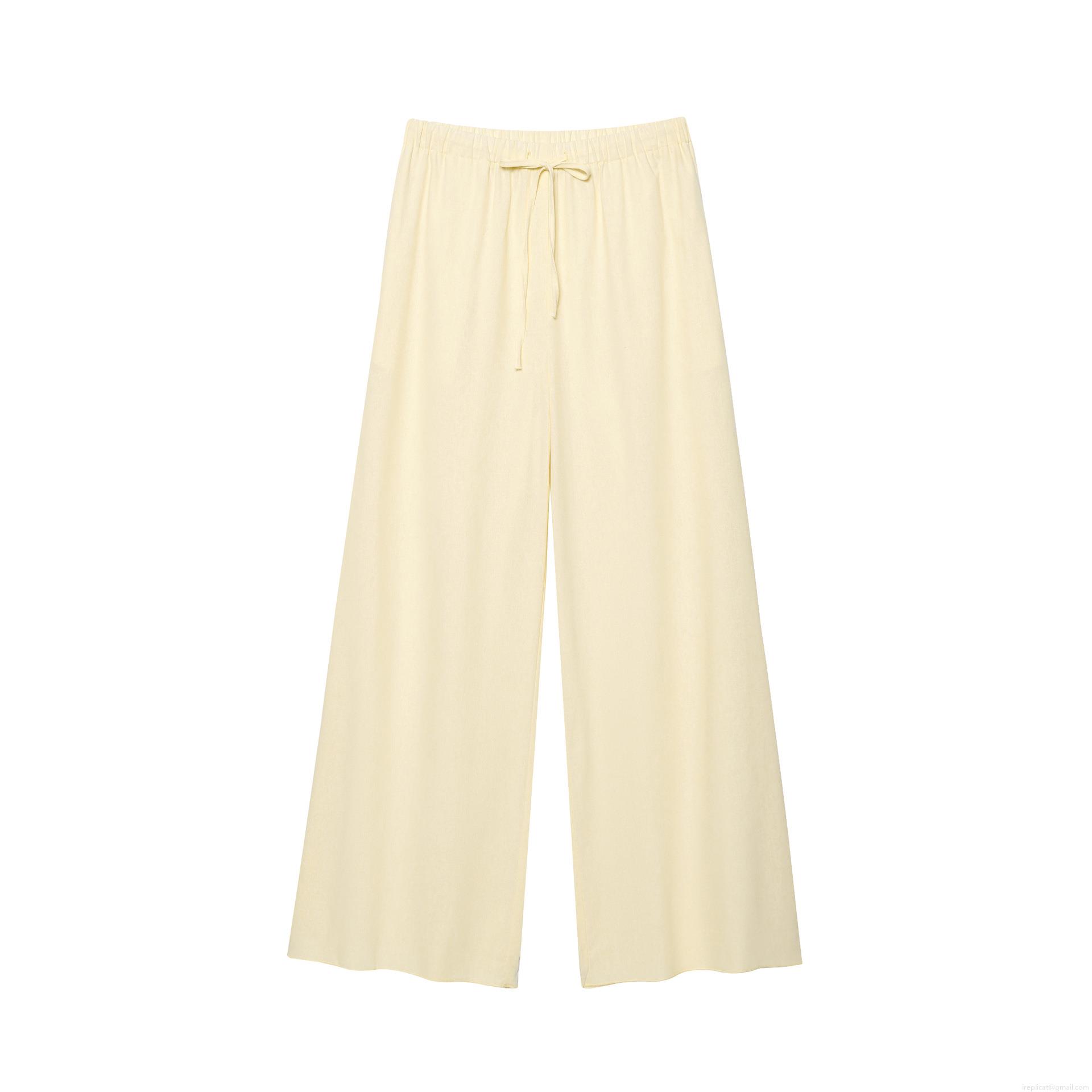 Women\'s French Retro Two Piece Set Light Yellow Scalloped Trim Puff Sleeve V Neck Lace Up Shirt And Wide Leg Drawstring Pants Summer Casual Vacation Outfit