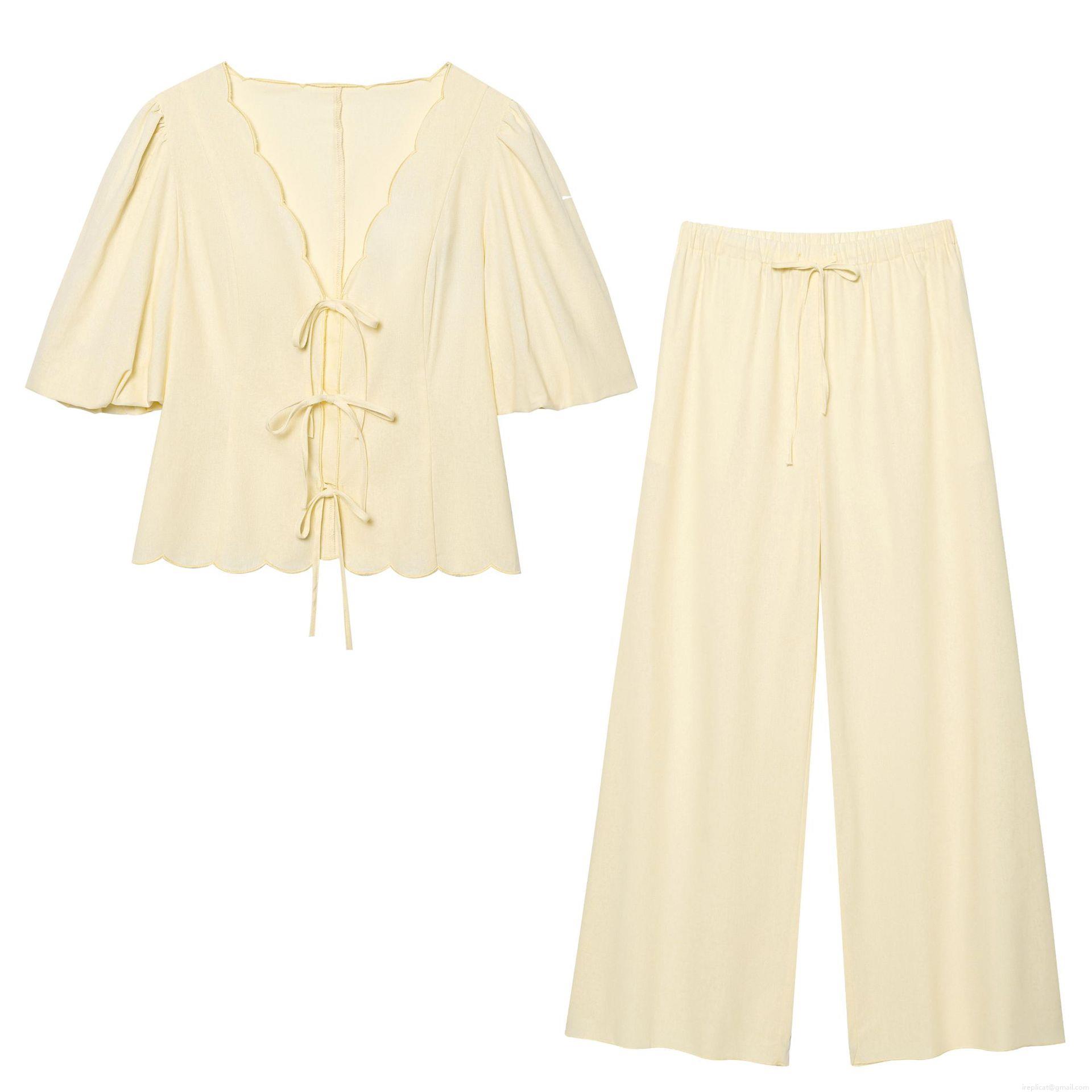 Women\'s French Retro Two Piece Set Light Yellow Scalloped Trim Puff Sleeve V Neck Lace Up Shirt And Wide Leg Drawstring Pants Summer Casual Vacation Outfit