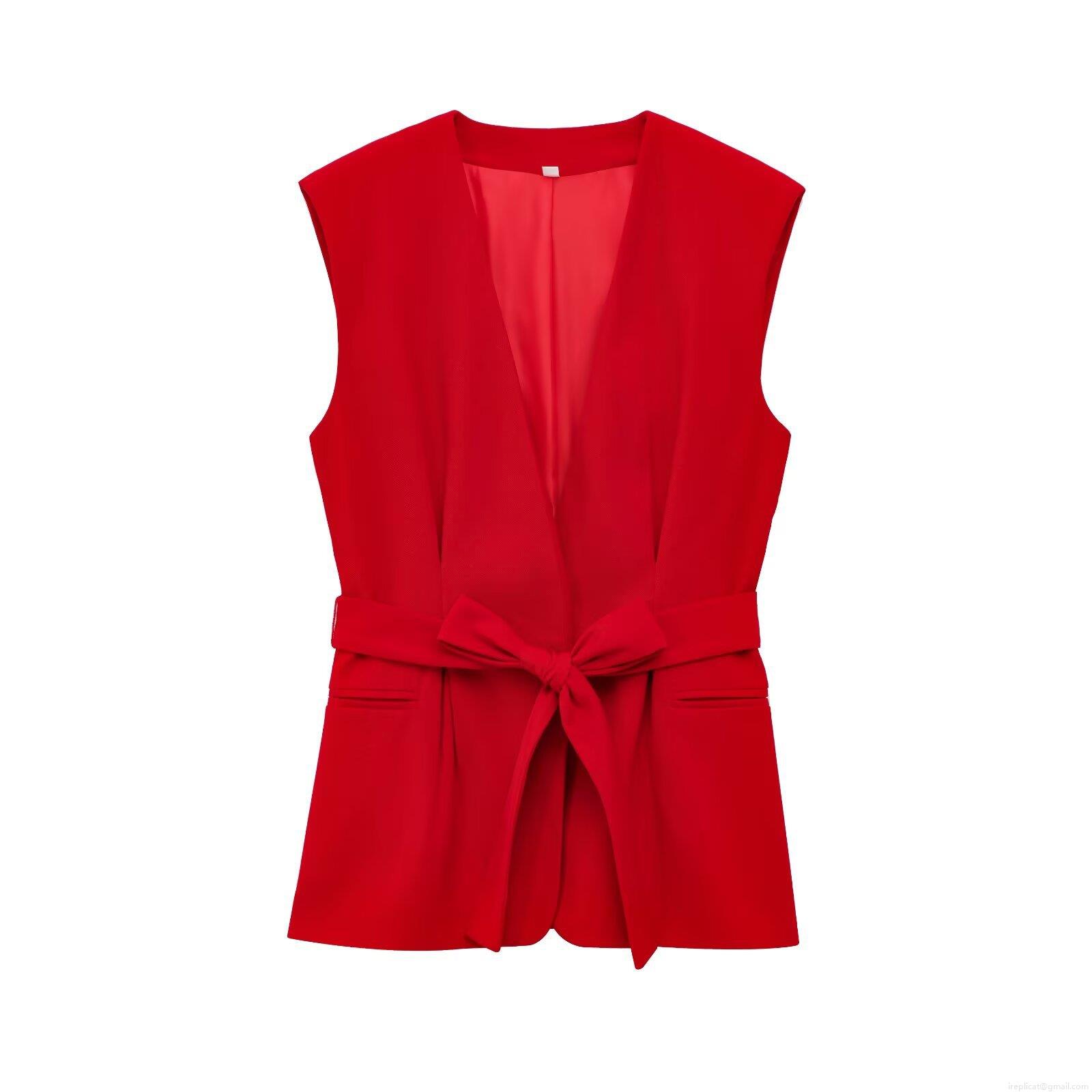 Women\'s Elegant Red Two-Piece Pant Set Sleeveless V-Neck Vest Top With Belt And High Waisted Flare Pants Office Commute Suit Polyester Twill Fabric
