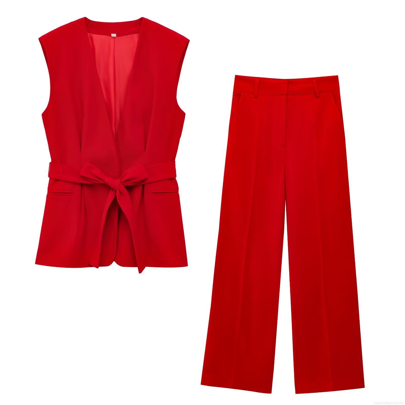 Women\'s Elegant Red Two-Piece Pant Set Sleeveless V-Neck Vest Top With Belt And High Waisted Flare Pants Office Commute Suit Polyester Twill Fabric
