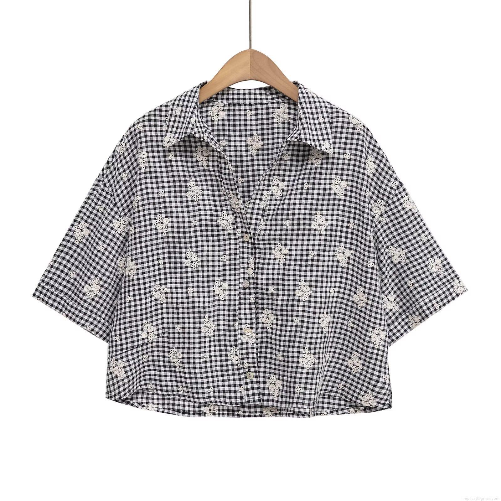 Women's Gingham Embroidery Shirt and Pants Set Polyester Floral Embroidered Short Sleeve Button Down Top with Elastic Waist Straight Leg Trousers Casual Streetwear Outfits Women's Gingham Embroidery Shirt and Pants Set Polyester Floral Embroidered Short Sleeve Button Down Top with Elastic Waist Straight Leg Trousers Casual Streetwear Outfits