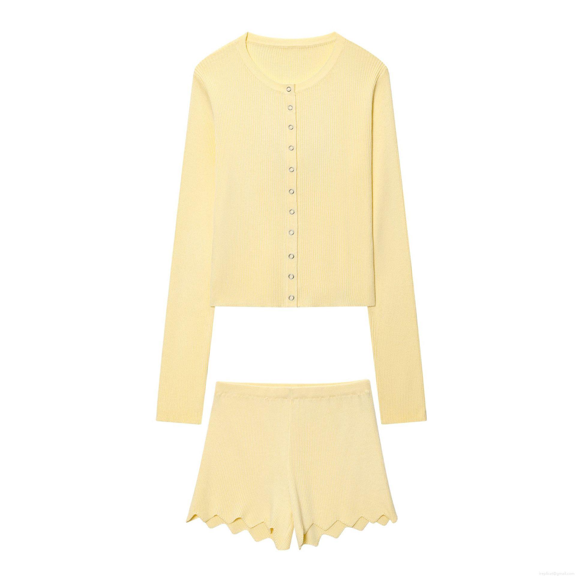 Women's Casual Ribbed Knit 2 Piece Set Long Sleeve Button Down Cardigan And Scalloped Edge Shorts Solid Color Polyester Lounge Outfits For Women Streetwear
