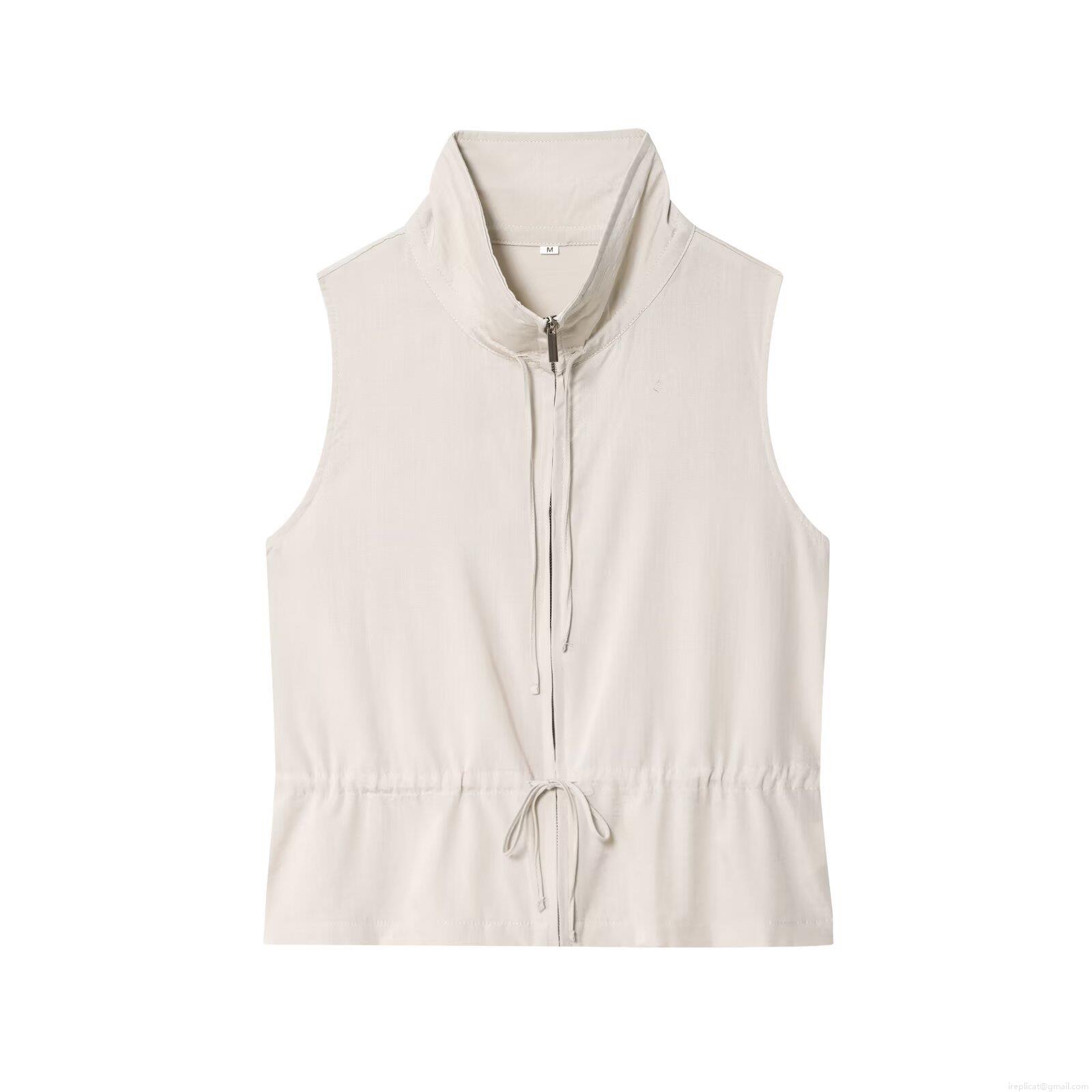 Women\'s Two Piece Set Solid Color Sleeveless Stand Collar Zipper Vest Top and Drawstring Wide Leg Pants Casual Outfits Polyester Streetwear Clothing