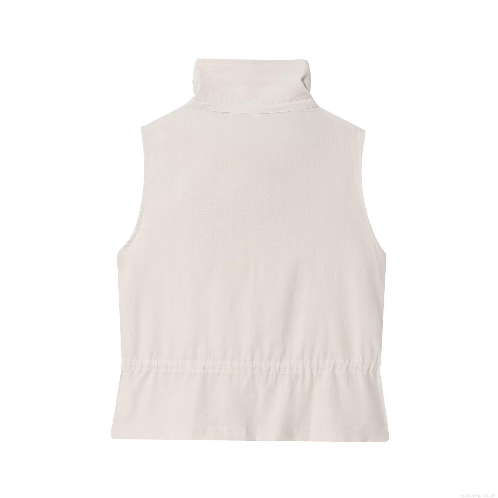 Women\'s Two Piece Set Solid Color Sleeveless Stand Collar Zipper Vest Top and Drawstring Wide Leg Pants Casual Outfits Polyester Streetwear Clothing