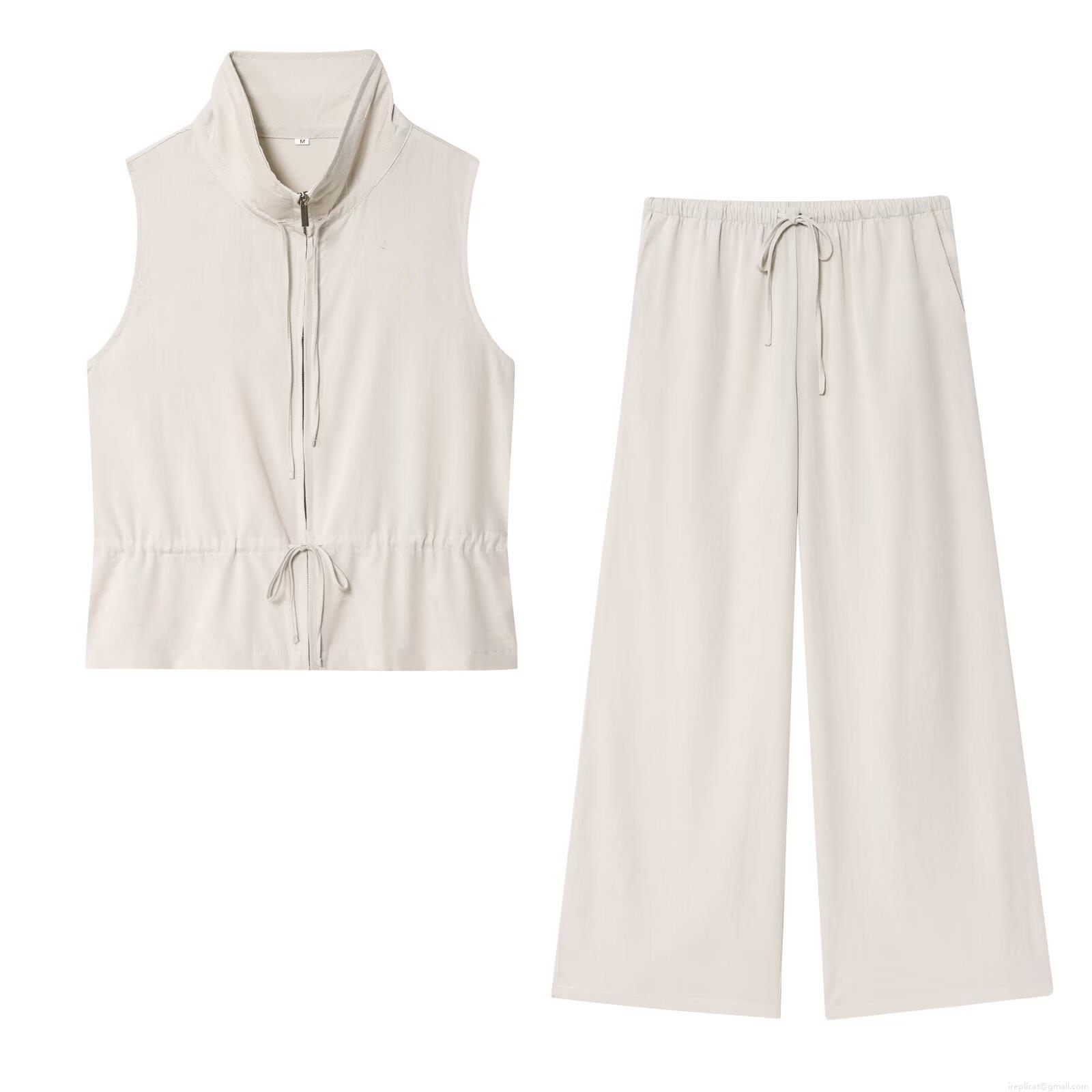 Women\'s Two Piece Set Solid Color Sleeveless Stand Collar Zipper Vest Top and Drawstring Wide Leg Pants Casual Outfits Polyester Streetwear Clothing