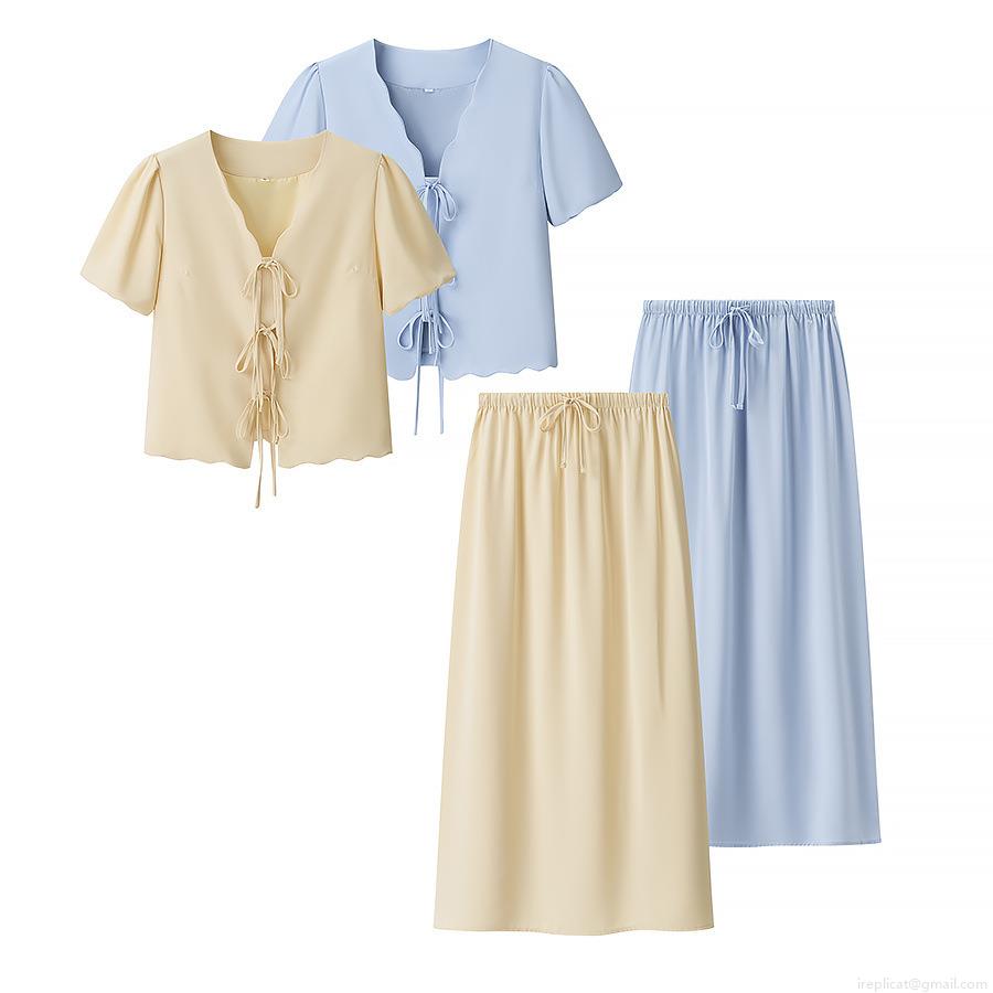 Women Summer Scalloped Hem 2 Piece Outfits Sets Tie Up Short Sleeve V Neck Top With High Waist Elastic Shorts Or A-Line Midi Skirt Separates Loungewear
