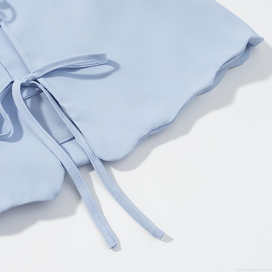 Women Summer Scalloped Hem 2 Piece Outfits Sets Tie Up Short Sleeve V Neck Top With High Waist Elastic Shorts Or A-Line Midi Skirt Separates Loungewear