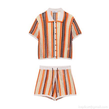 Women's Crochet Knit Two Piece Set 100% Polyester Vertical Stripe Short Sleeve Polo Top And High Waist Drawstring Shorts Summer Vacation Beach Casual Streetwear