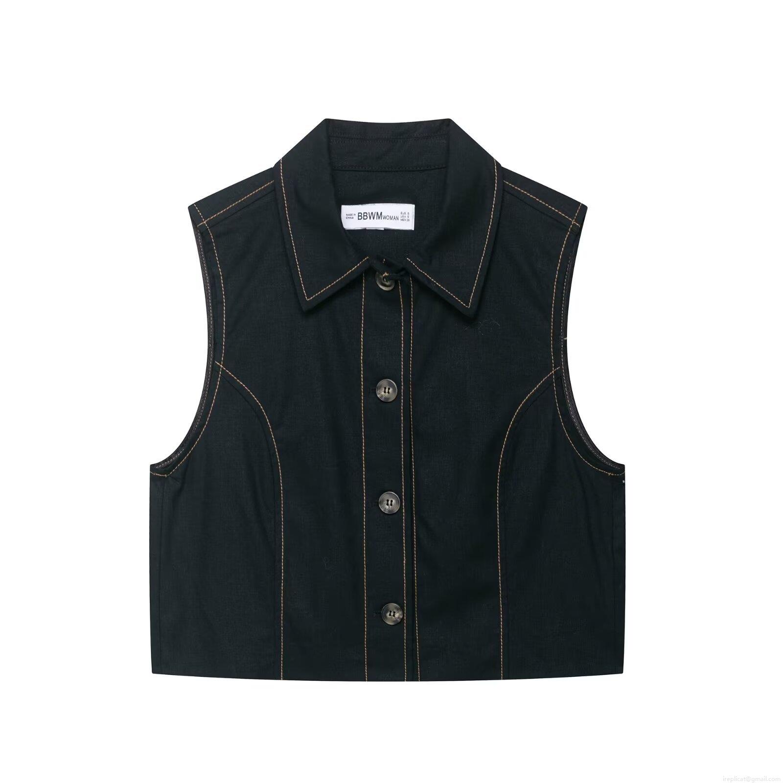 Women Contrast Stitching Sleeveless Button Vest and High Waist Pleated Bermuda Shorts With Belt Two Piece Set Streetwear Casual Solid Polyester Outfit