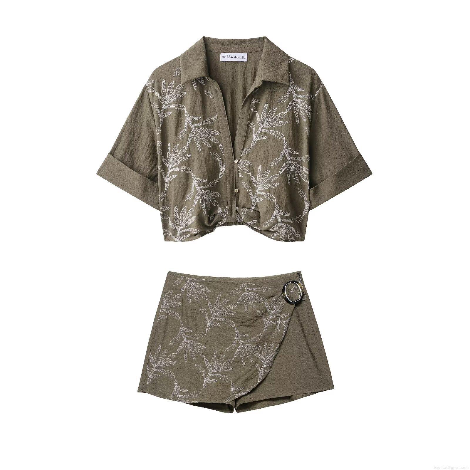 Women's Olive Green Plant Leaf Embroidery Short Sleeve Shirt And Skort Set Vintage Casual Polyester Linen Texture Two-Piece Outfits For Women Streetwear Outfits