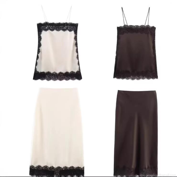 Women's Satin Lace Trim Cami Top And Midi Skirt Two Piece Set Elegant Silk Finish Sleeveless Backless Top And Slit Skirt Suit For Party Clubwear Women's Satin Lace Trim Cami Top And Midi Skirt Two Piece Set Elegant Silk Finish Sleeveless Backless Top And Slit Skirt Suit For Party Clubwear
