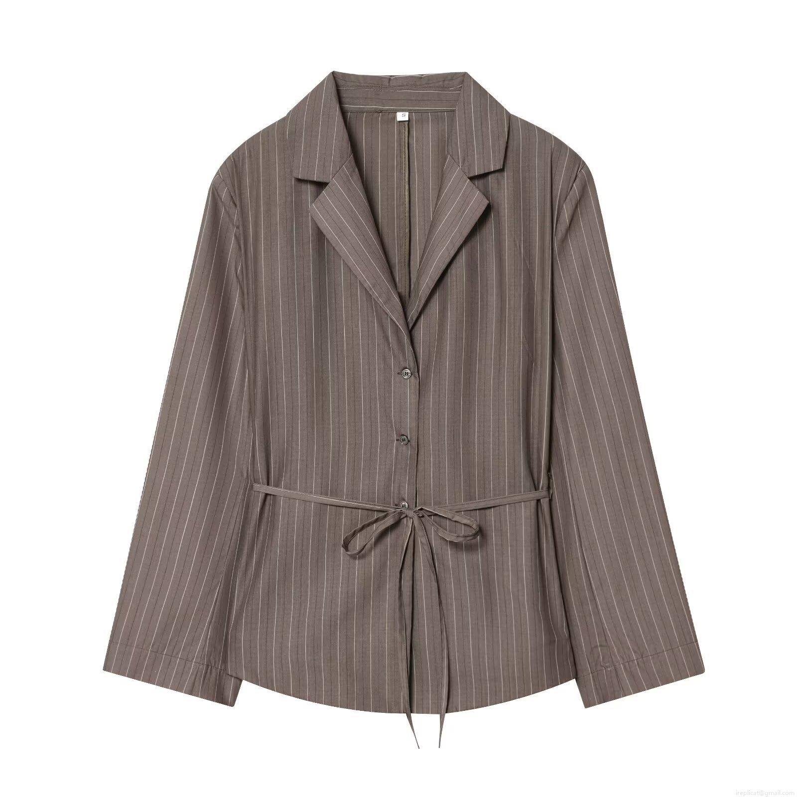 Women\'s Elegant Striped Blazer and Pants Two Piece Set With Shoulder Pads Waist Belt Business Casual Suits For Office Lady