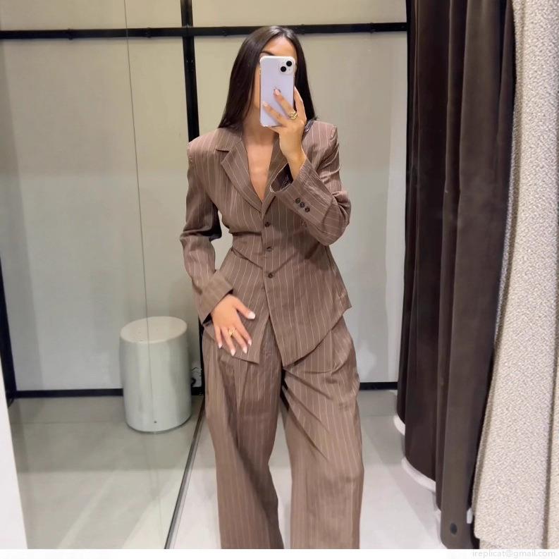 Women\'s Elegant Striped Blazer and Pants Two Piece Set With Shoulder Pads Waist Belt Business Casual Suits For Office Lady